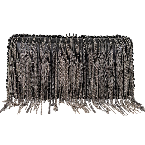 Chanel Black Lambskin Fringe Chain Clutch with Silver Hardware