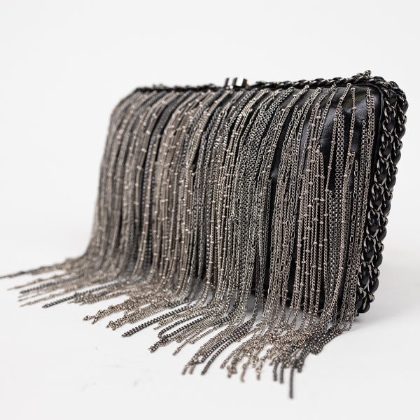 Chanel Black Lambskin Fringe Chain Clutch with Silver Hardware