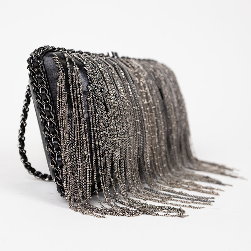 Chanel Black Lambskin Fringe Chain Clutch with Silver Hardware