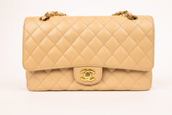 Chanel Beige Classic Double Flap Bag Quilted Lambskin Medium