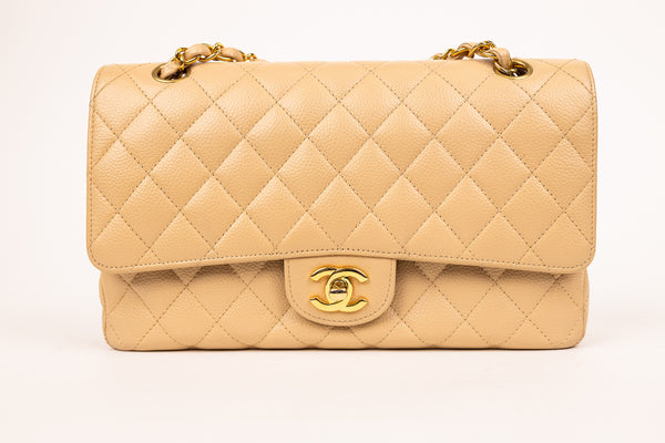 Chanel Beige Classic Double Flap Bag Quilted Lambskin Medium