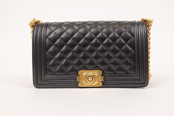 Chanel Medium Boy Caviar Black Leather Bag with Gold Hardware