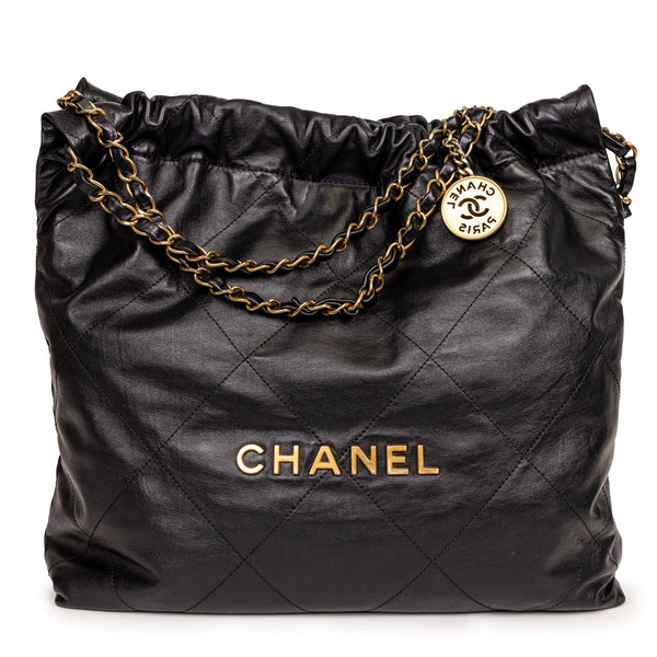 Chanel 22 Black Diamond Quilted Leather Bag with Pochette and Gold Hardware