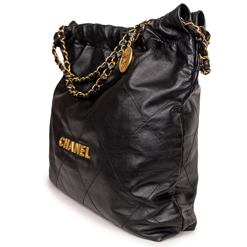 Chanel 22 Black Diamond Quilted Leather Bag with Pochette and Gold Hardware
