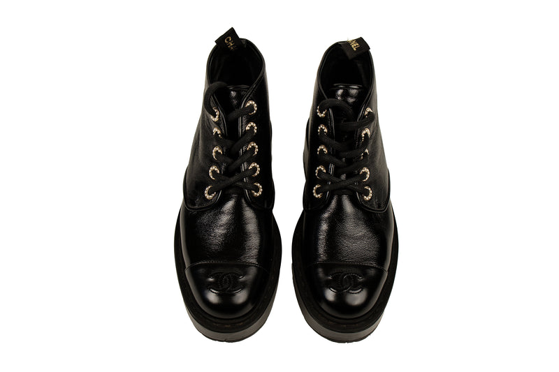 Chanel Black Leather Short Ankle Combat Boots Size 38 – On Que Style