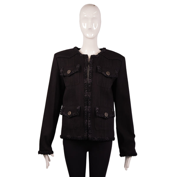 Chanel Black Tweed Four Flap Pocket Jacket Size 46