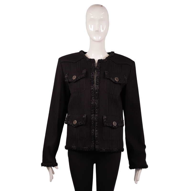 Chanel Black Tweed Four Flap Pocket Jacket Size 46