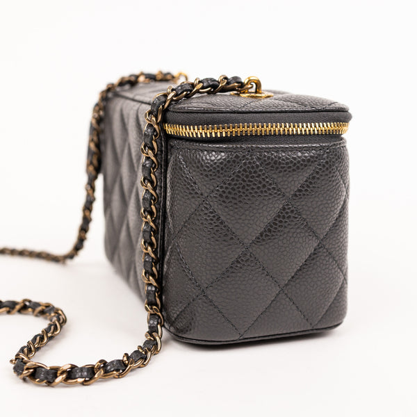 Chanel Gray Caviar Quilted Small Vanity Case With Chain
