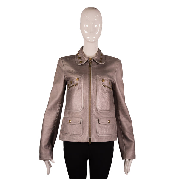 Chloé Silver Pewter Metallic Leather Zip Flap Jacket Size 38