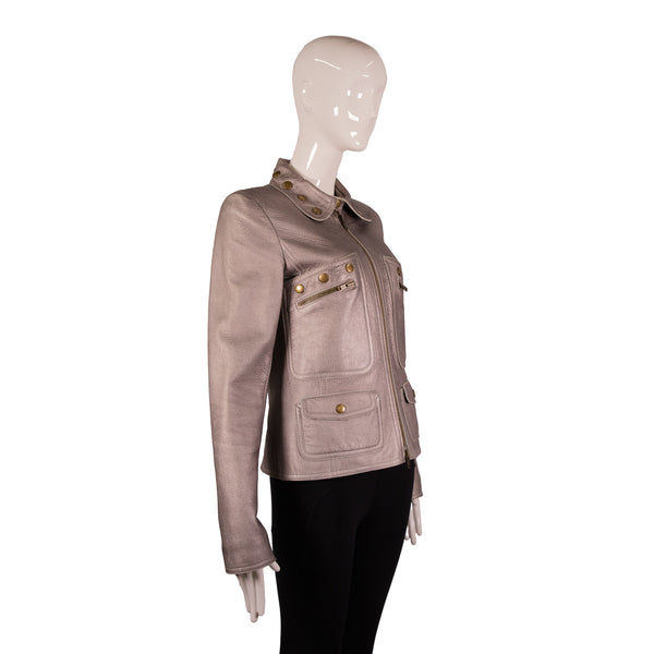 Chloé Silver Pewter Metallic Leather Zip Flap Jacket Size 38