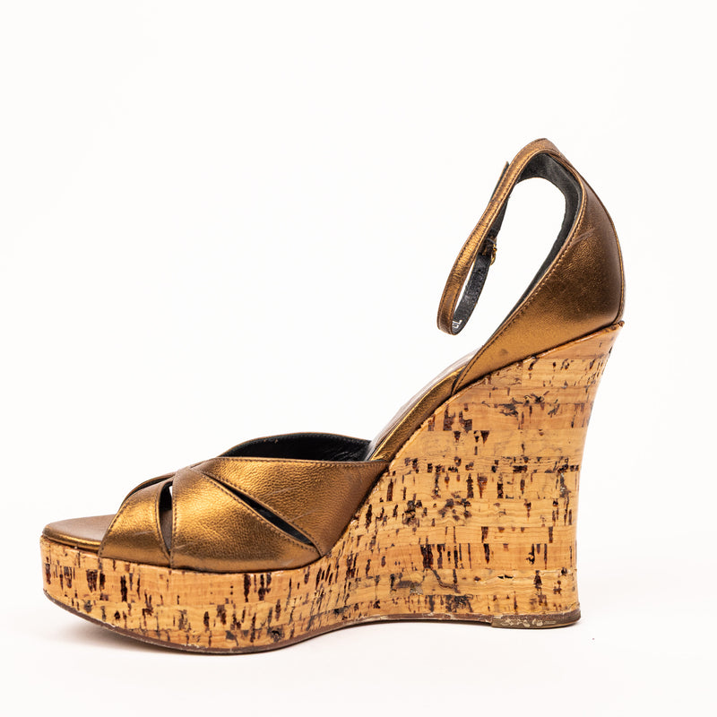 Christian Dior Bronze Gold Leather Cork Wedge Sandals 36