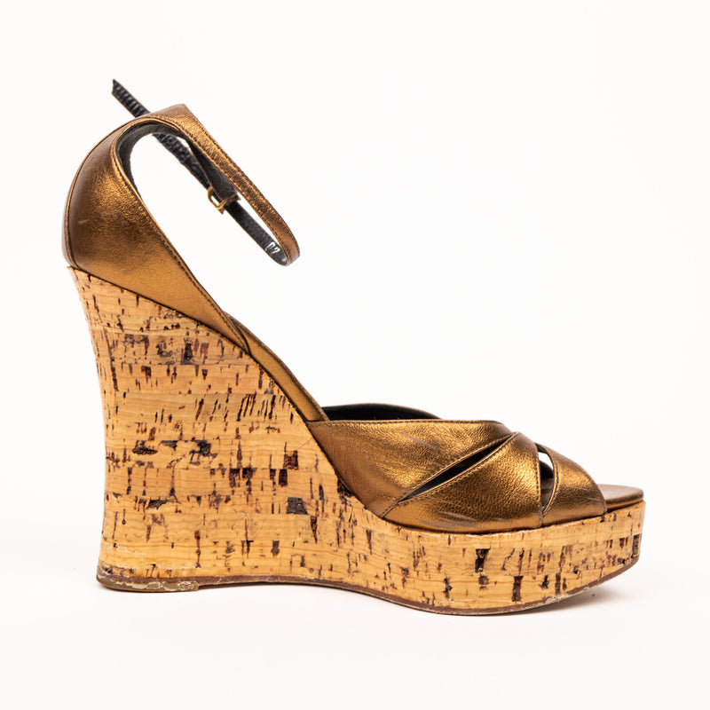 Christian Dior Bronze Gold Leather Cork Wedge Sandals 36