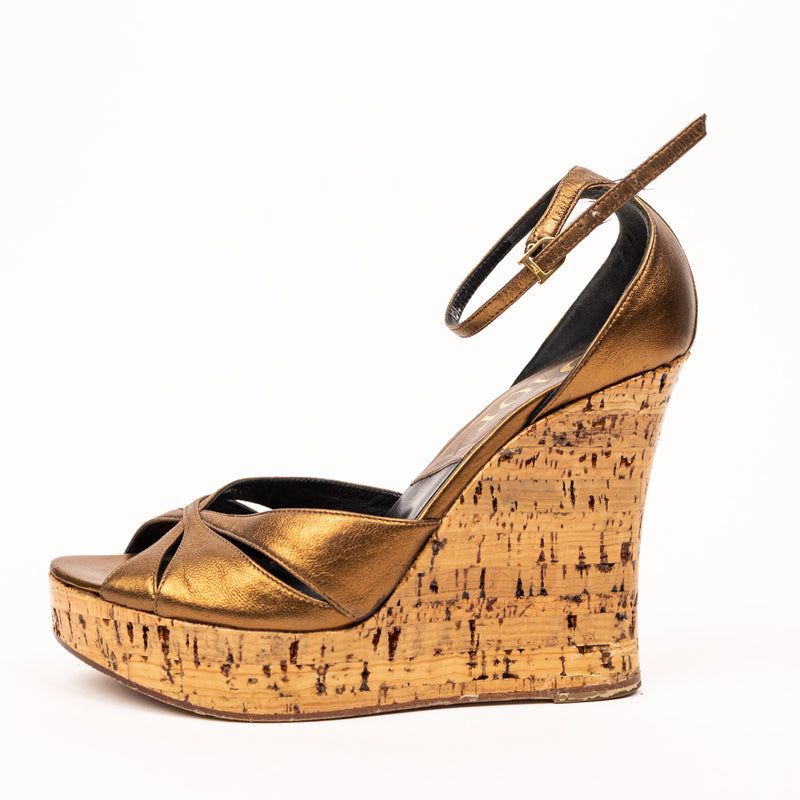 Christian Dior Bronze Gold Leather Cork Wedge Sandals 36