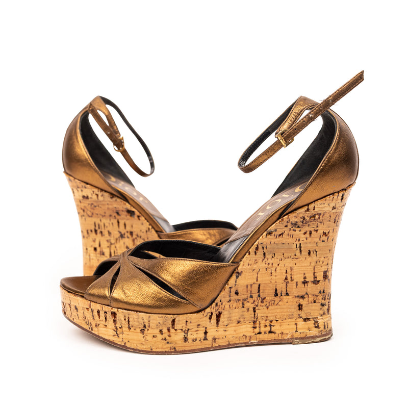 Christian Dior Bronze Gold Leather Cork Wedge Sandals 36