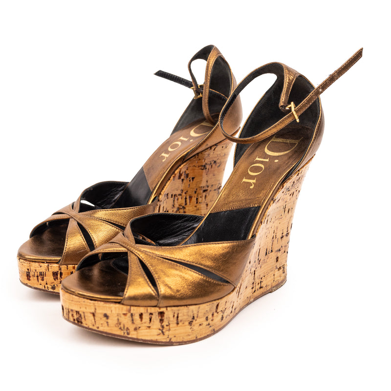 Christian Dior Bronze Gold Leather Cork Wedge Sandals 36