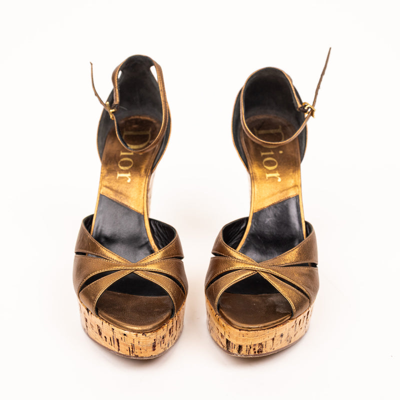 Christian Dior Bronze Gold Leather Cork Wedge Sandals 36
