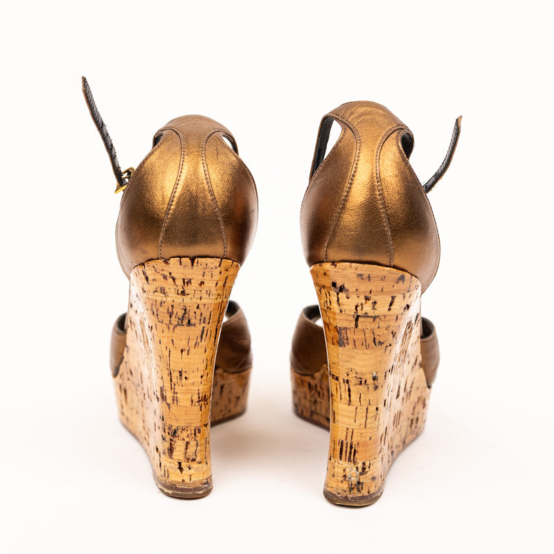 Christian Dior Bronze Gold Leather Cork Wedge Sandals 36