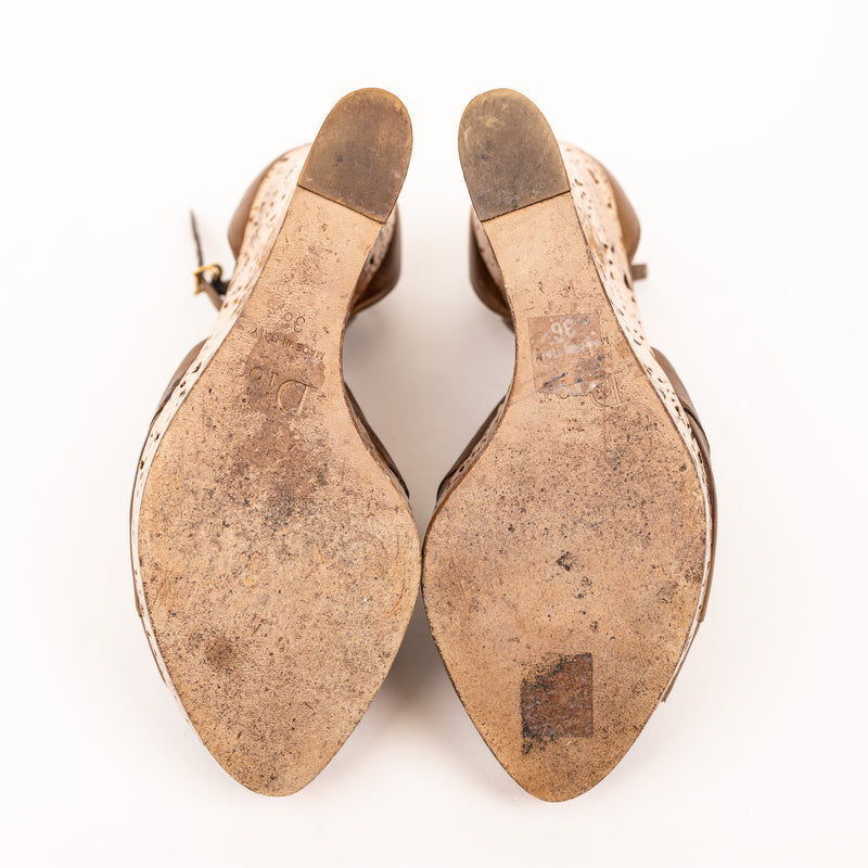 Christian Dior Bronze Gold Leather Cork Wedge Sandals 36
