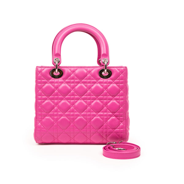 Christian Dior Pink Lambskin Lady Dior SHW Cannage Tote