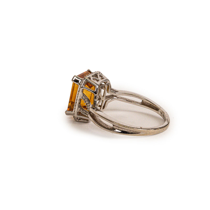 Cushion Cut Orange Citrine White Gold Diamond Ring