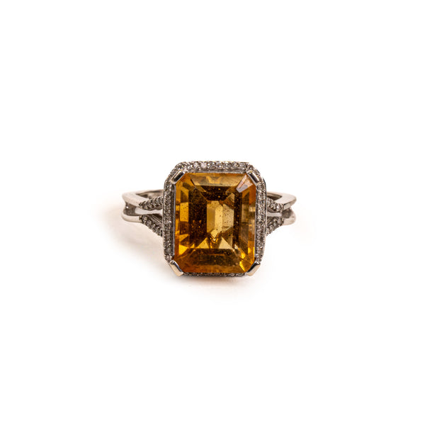 Cushion Cut Orange Citrine White Gold Diamond Ring