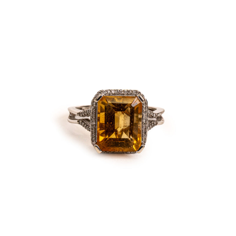Cushion Cut Orange Citrine White Gold Diamond Ring