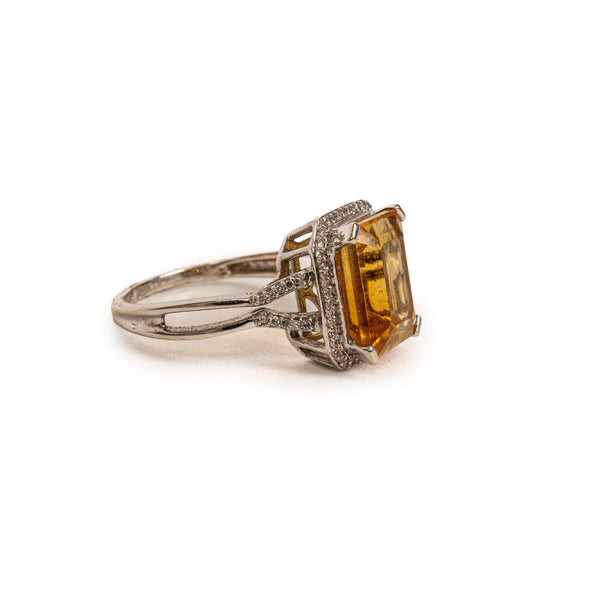 Cushion Cut Orange Citrine White Gold Diamond Ring