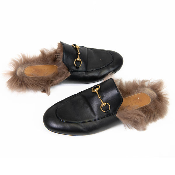 Gucci Black Calfskin Fur Prince Town Mules Size 37