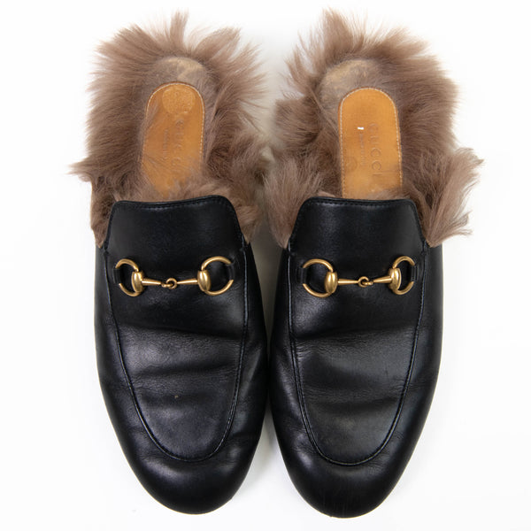 Gucci Black Calfskin Fur Prince Town Mules Size 37