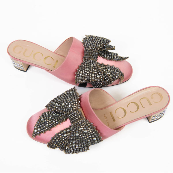 Gucci Pink Silk Satin Crystal Embellished Bow Mules Size 39