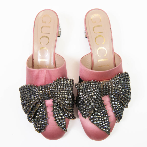 Gucci Pink Silk Satin Crystal Embellished Bow Mules Size 39