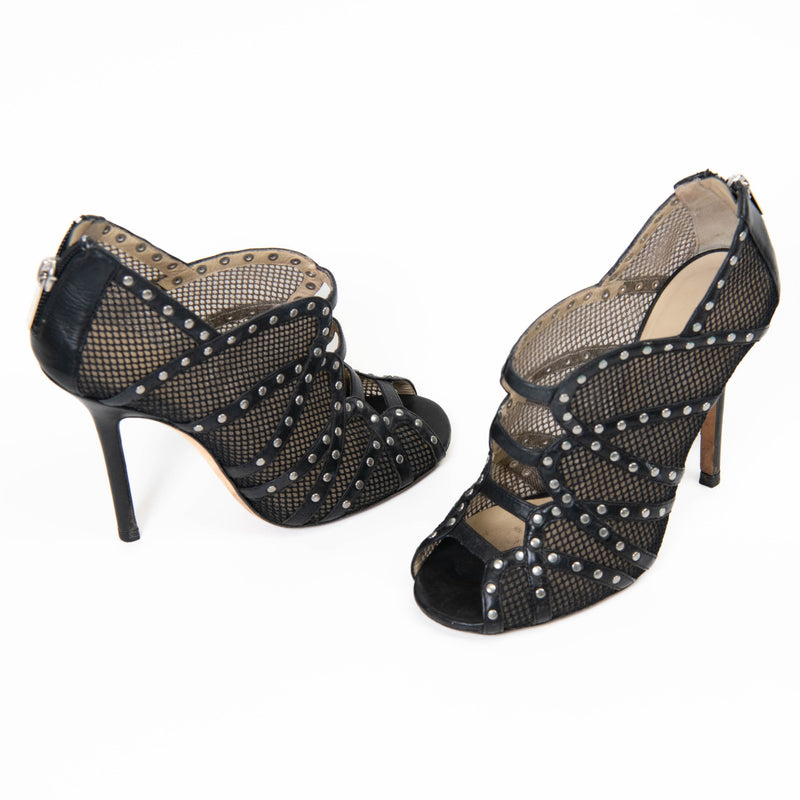 Jimmy Choo Black Studded Leather Fishnet Karina Heels Size 35