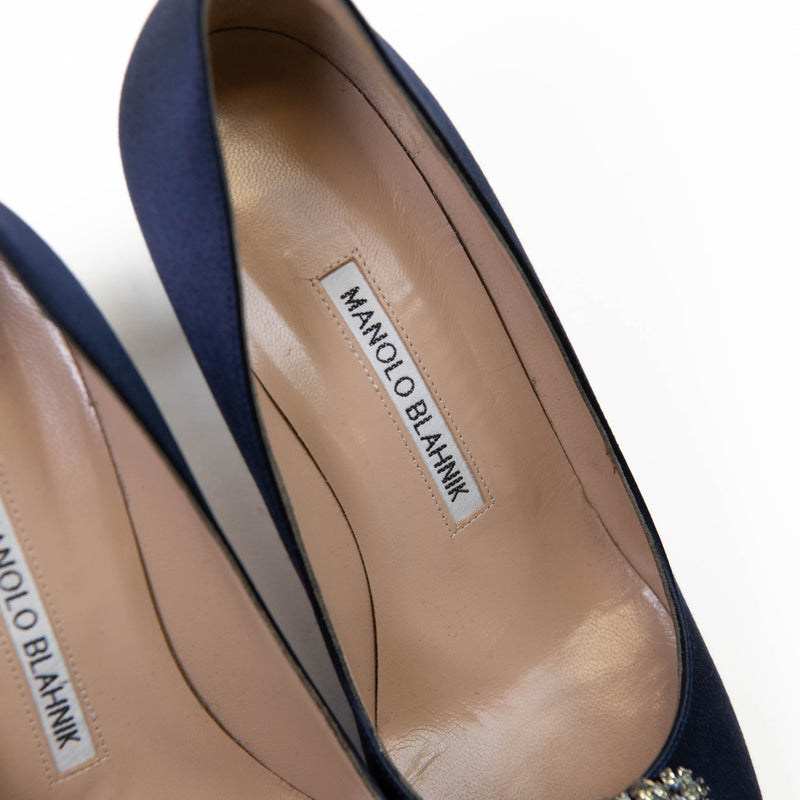 Manolo Blahnik Navy Blue Satin Hangisi Pumps 37