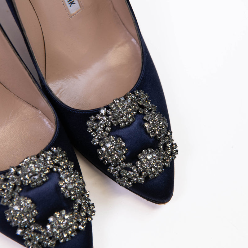 Manolo Blahnik Navy Blue Satin Hangisi Pumps 37