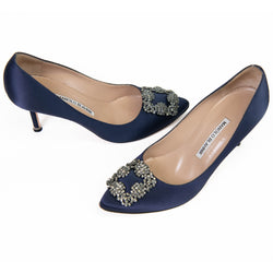 Manolo Blahnik Navy Blue Satin Hangisi Pumps 37