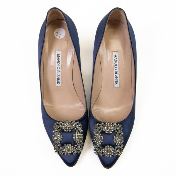 Manolo Blahnik Navy Blue Satin Hangisi Pumps 37