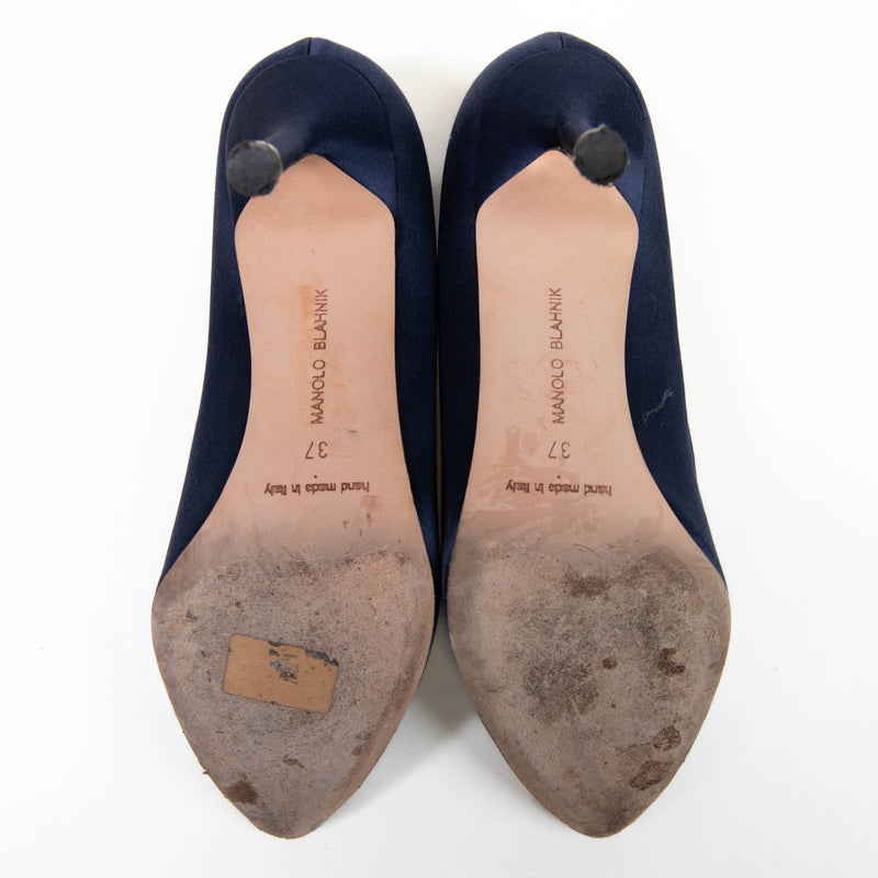 Manolo Blahnik Navy Blue Satin Hangisi Pumps 37