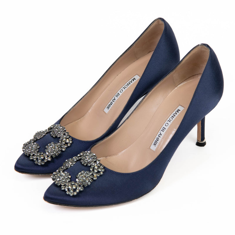 Manolo Blahnik Navy Blue Satin Hangisi Pumps 37