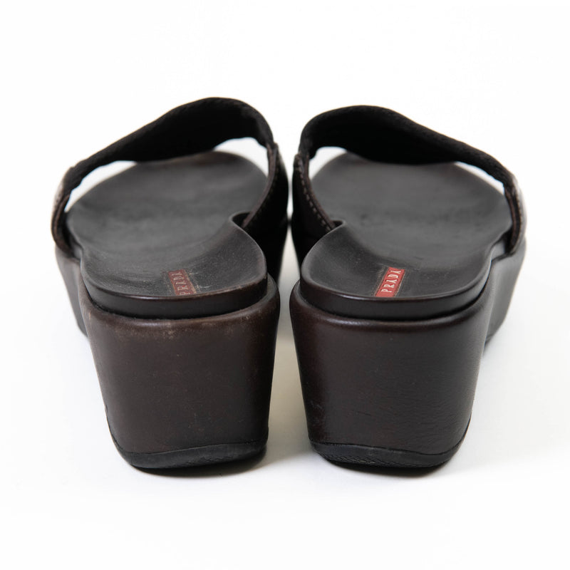 Prada Black Canvas and Patent Leather Wedge Slide Sandals 38.5