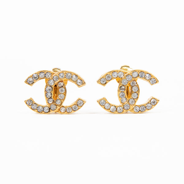 Chanel Gold and Crystal CC Clip on Earrings