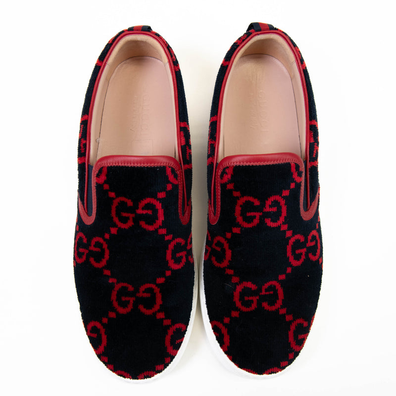 Men's Gucci Black and Red Terry Cloth GG Monogram Mens Slip On Sneakers 10.5