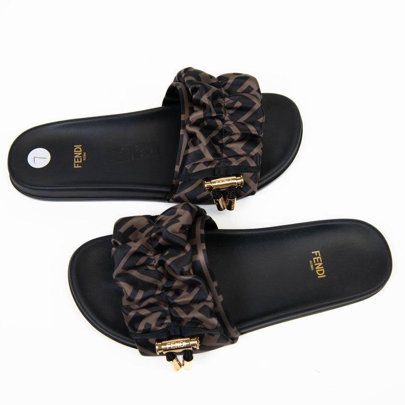 Fendi Tobacco and Black Satin FF Fendi Feel Slide Sandals 37