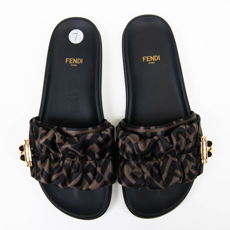 Fendi Tobacco and Black Satin FF Fendi Feel Slide Sandals 37