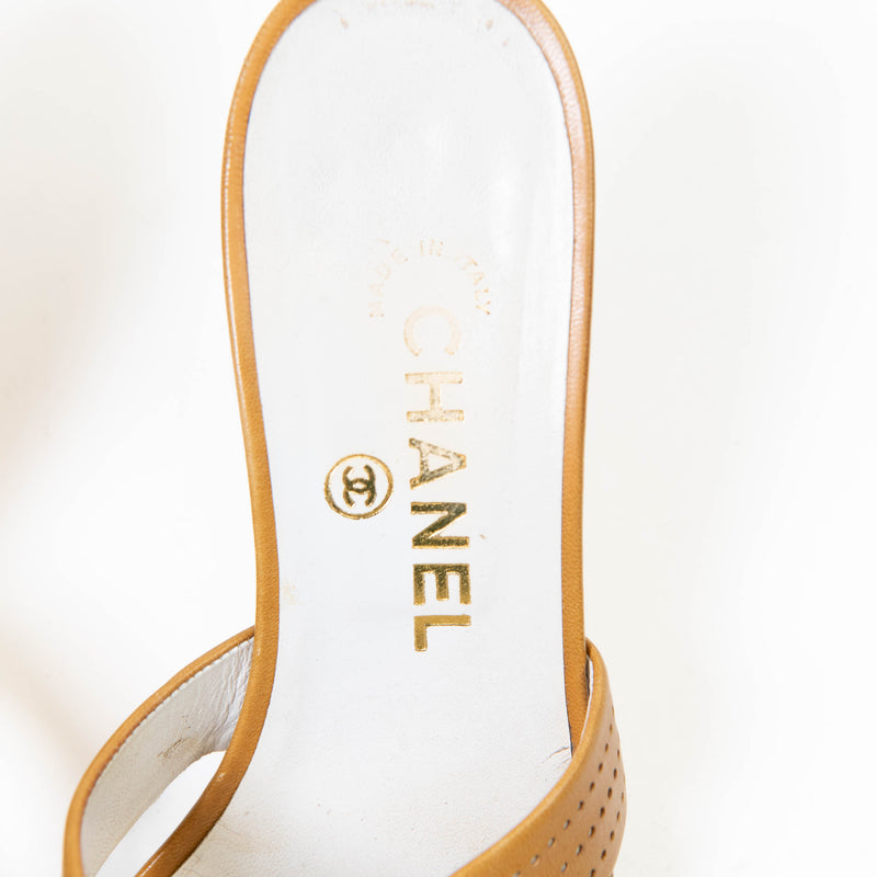 Chanel Tan Leather Crossover Heeled Sandals  Size 37.5