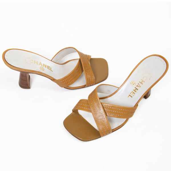 Chanel Tan Leather Crossover Heeled Sandals  Size 37.5