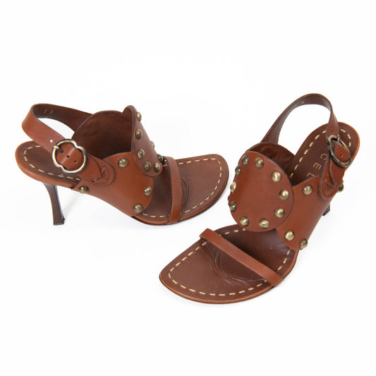Vintage Celine Brown Leather Studded Slingback Sandals Size 37