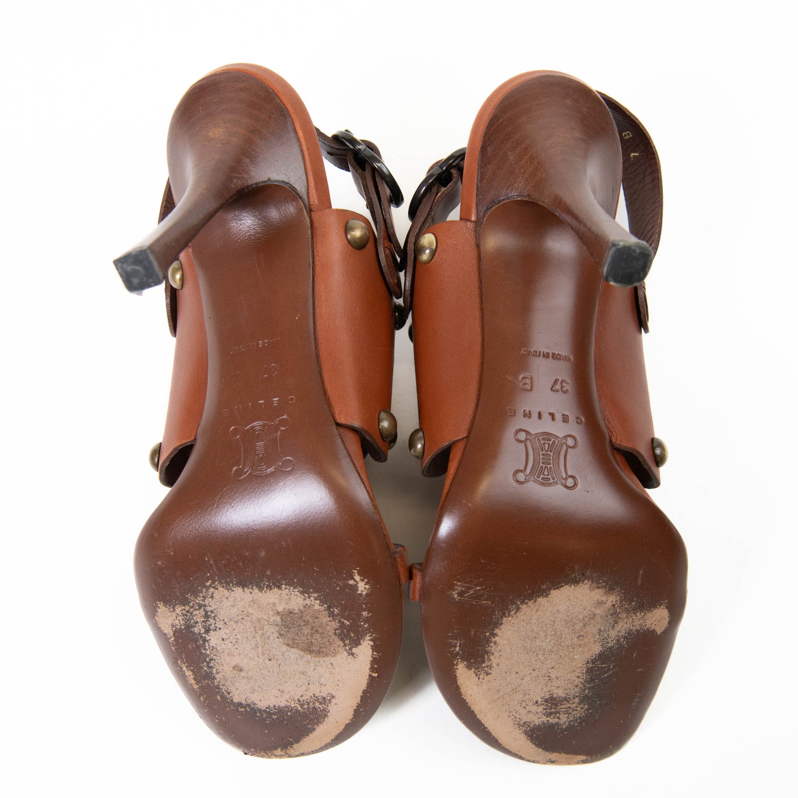 CELINE ブラウン レザー サンダル バンバン 37 CELINE セリーヌ （CELINE） バンバン メタルヒール レザー サンダル