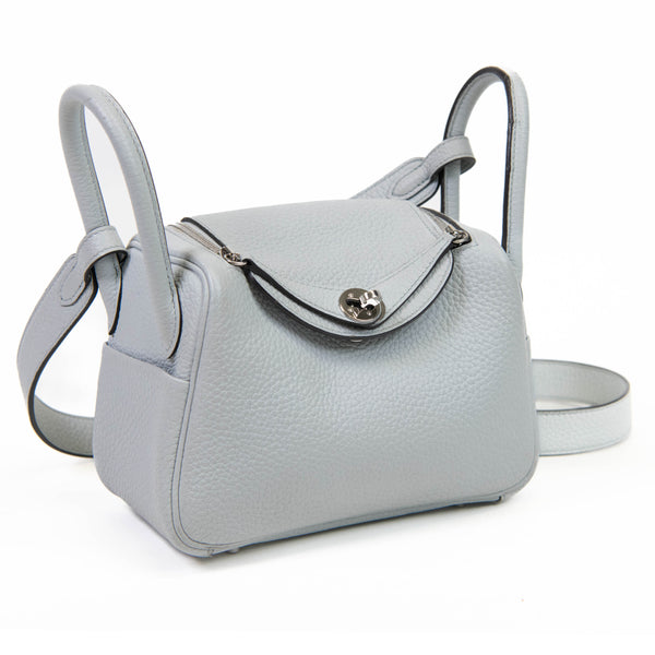 Hermes Bleu Pale Taurillon Clemence Mini Lindy 20 Palladium Hardware