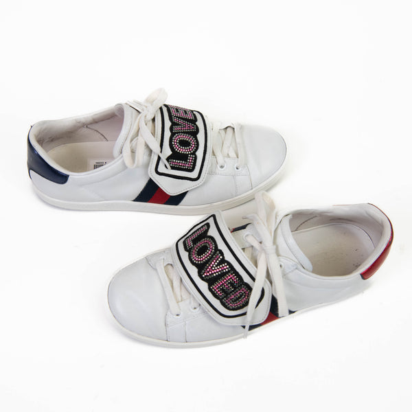 Gucci White Leather Loved Embellished Ace Low Top Sneakers Size 37