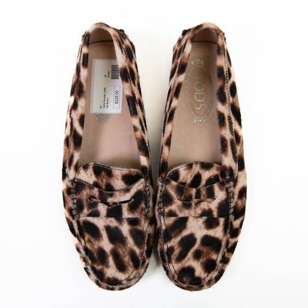 Tod's Gommino Leopard Print Loafers In Brown Calf Hair Size 39